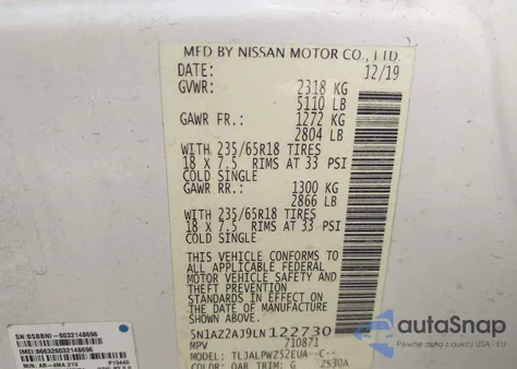 2020 Nissan Murano S Fwd из США, поврежденный, VIN 5N1AZ2AJ9LN122730